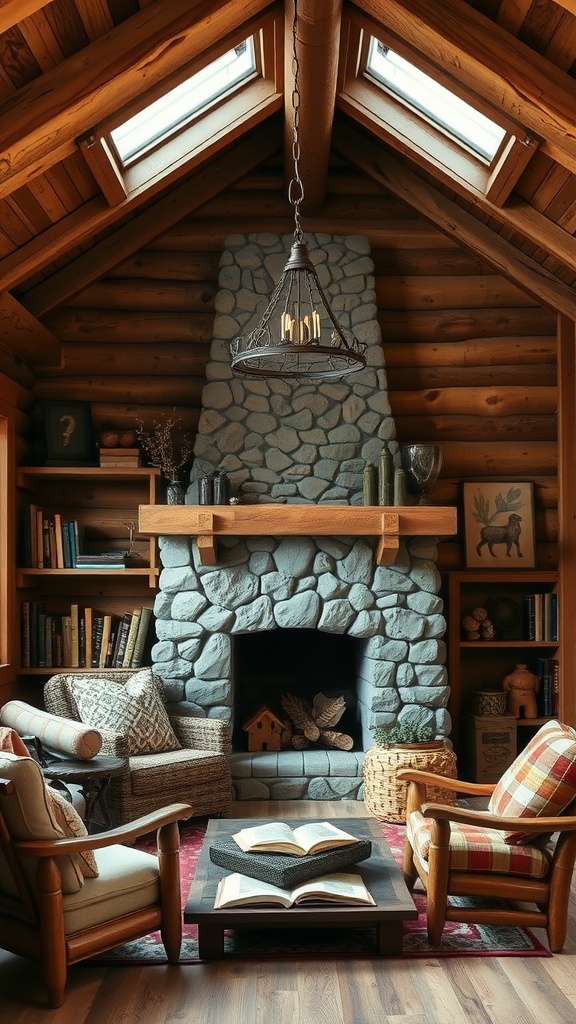 A rustic cabin reading nook featuring a stone fireplace, wooden ceiling, and cozy seating.