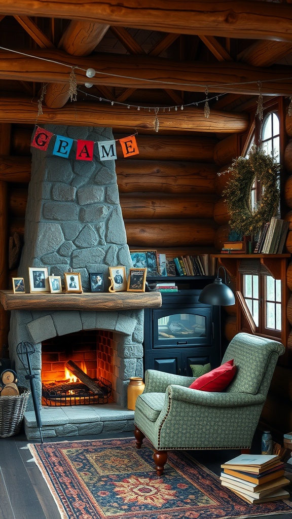 A cozy reading nook in a rustic cabin featuring a stone fireplace, green armchair, and wooden walls.