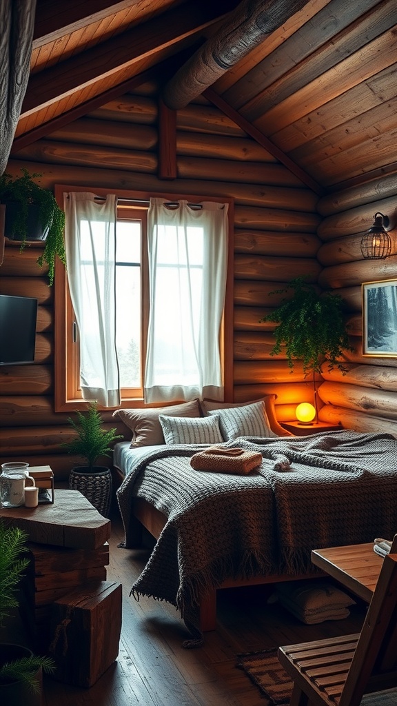 A cozy rustic cabin bedroom featuring wooden walls, warm lighting, and stylish decor.