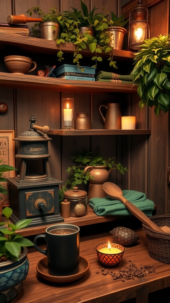 A rustic brew corner with potted plants, a coffee grinder, steaming coffee, and candles.