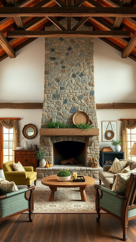 A rustic farmhouse living room featuring a stone fireplace, wooden beams, and cozy furniture.