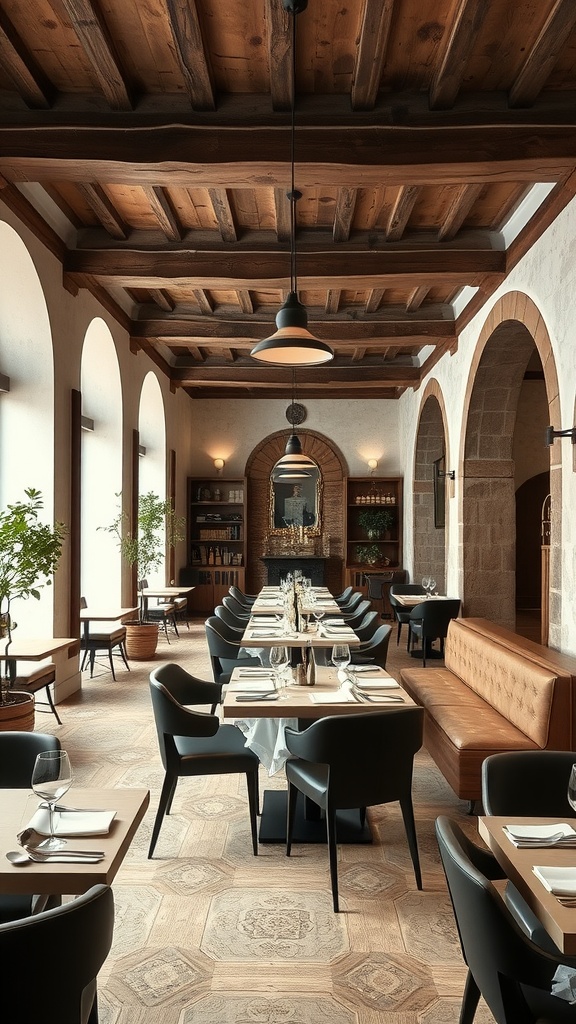 A luxurious Italian dining room featuring wooden beams, elegant furniture, and natural light.