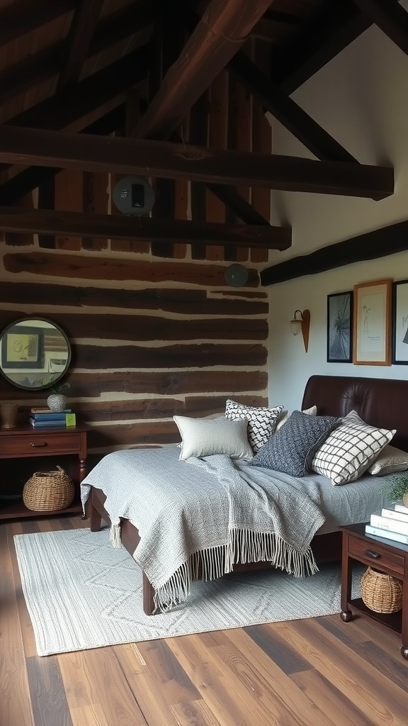 A rustic chic bedroom featuring dark wooden beams, a cozy bed with layered bedding, and natural decor elements.