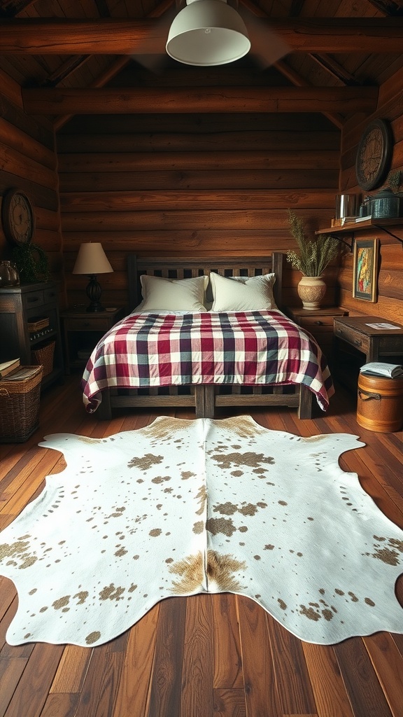 Cozy rustic bedroom featuring a cowhide rug on wooden floor, plaid bedding, and log cabin walls.