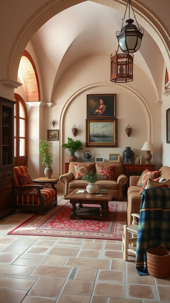 A cozy living room featuring arched doorways, rustic furniture, and a blend of Mediterranean and Gothic decor.