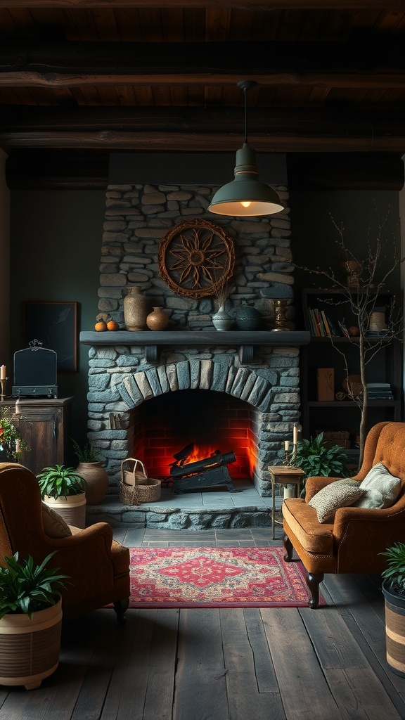 Cozy living room featuring a stone fireplace, rustic furniture, and warm lighting