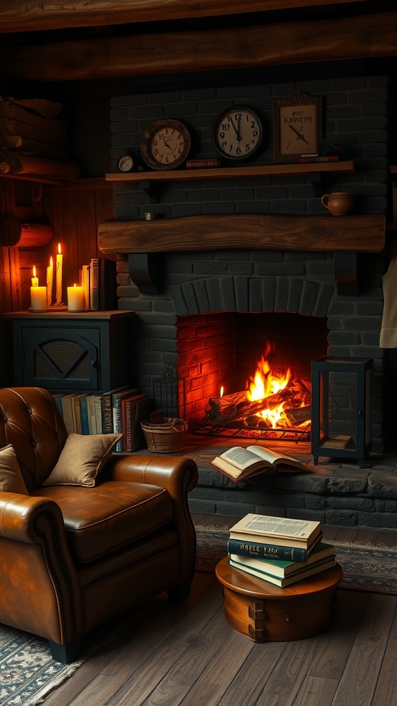 Cozy reading corner with a leather armchair, a fireplace, books, and candles, exemplifying Dark Cottagecore House Interiors.