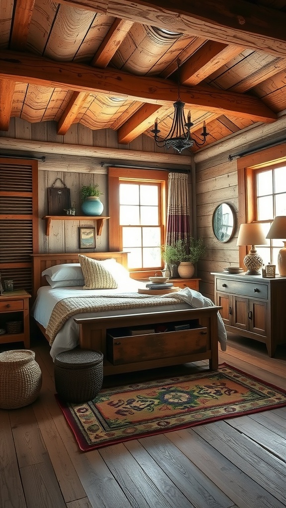 A rustic farmhouse bedroom with wooden beams, cozy bed, and natural decor.