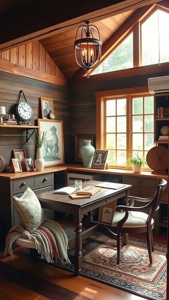 Cozy small home office with rustic farmhouse aesthetic featuring wooden furniture and natural decor
