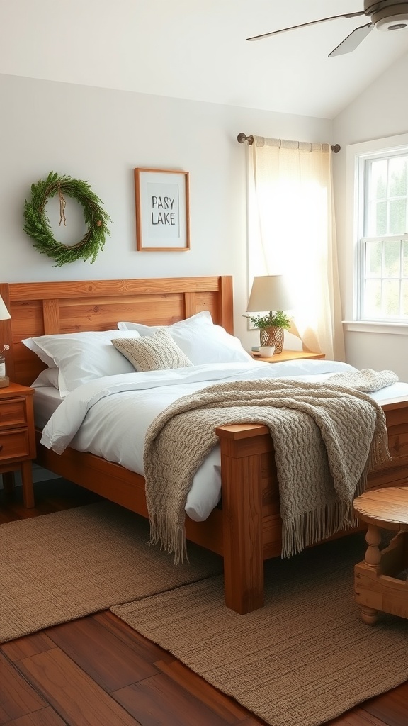 Cozy rustic bedroom featuring a wooden bed frame with soft bedding and natural light.