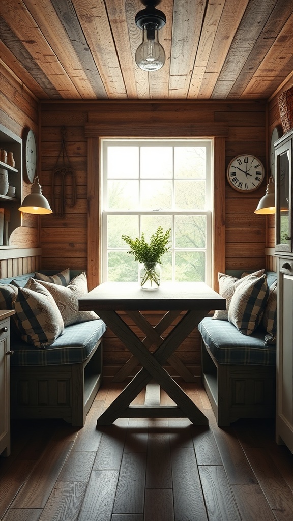 A rustic kitchen nook with wooden walls, a sturdy table, and cushioned benches.