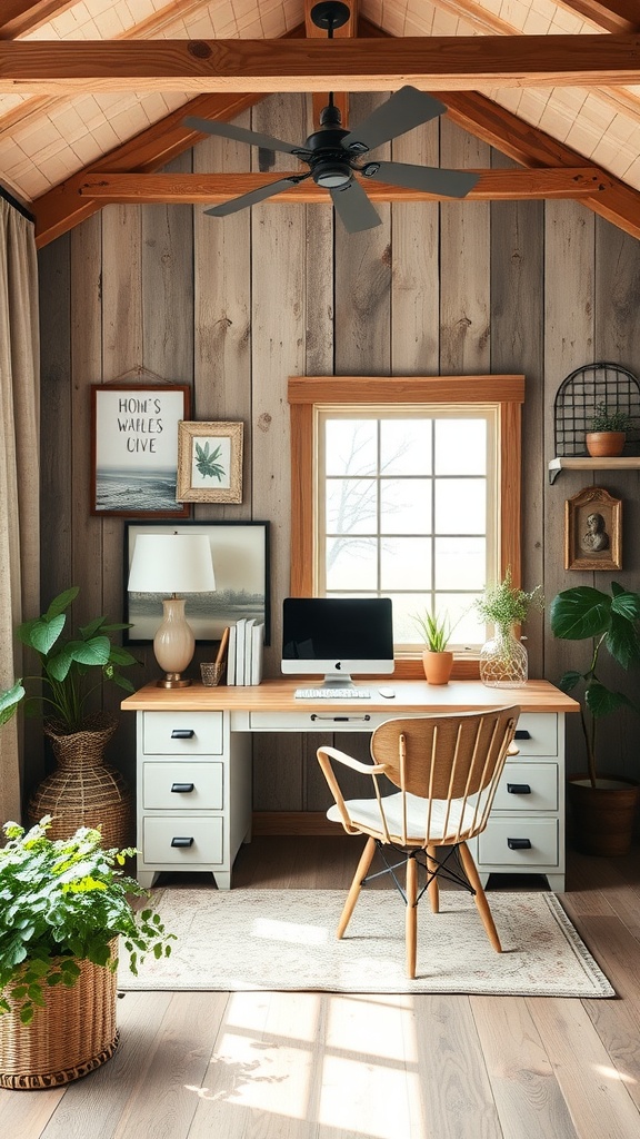 A rustic farmhouse office featuring a wooden desk, comfortable chair, and plants, creating a cozy workspace.