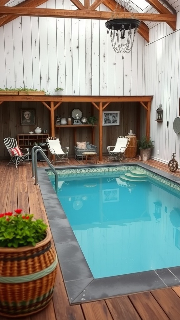 A cozy indoor rustic farmhouse setting featuring a small pool, wooden furniture, and natural decor.