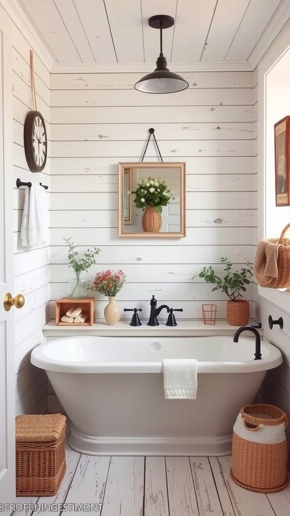 A rustic farmhouse style bathroom featuring white shiplap walls, a vintage bathtub, black fixtures, and natural decor elements.