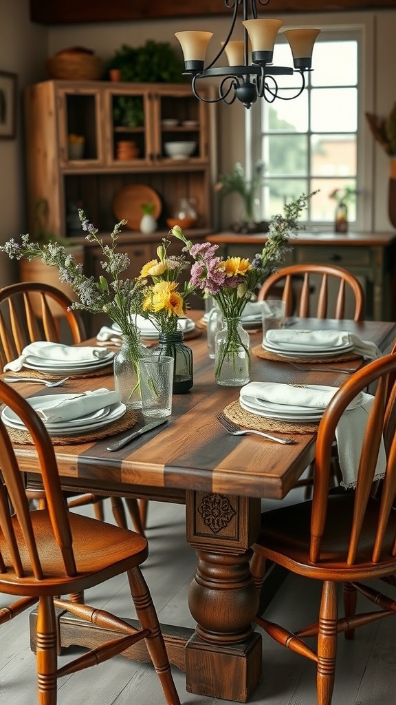 A rustic farmhouse dining table set for a cozy meal with fresh flowers and elegant tableware.