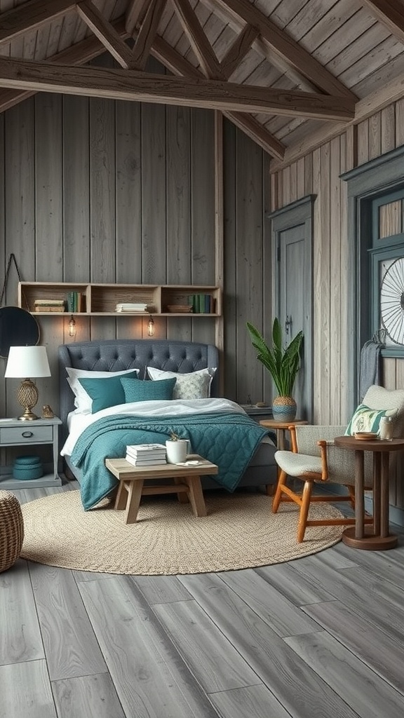 A rustic bedroom featuring grey wood walls, teal accents, a cozy bed, and natural decor elements.