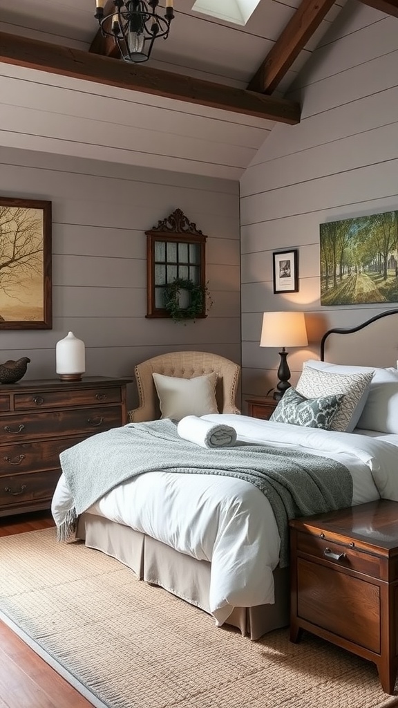 A cozy rustic grey bedroom with a metal bed frame, soft pillows, and warm wooden accents.