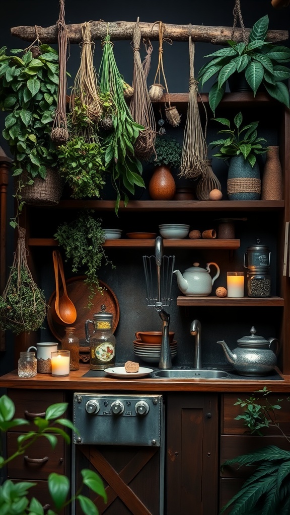 A rustic kitchenette featuring hanging herbs, wooden shelves, and a cozy atmosphere.