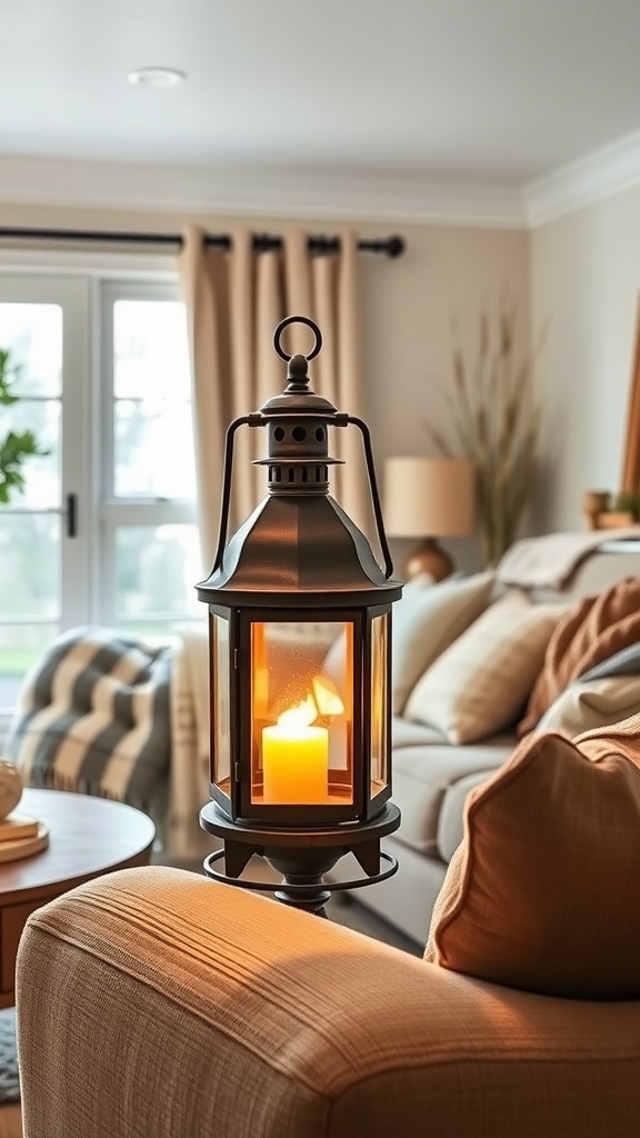 A rustic lantern with a glowing candle inside, placed on a side table in a cozy living room setting.