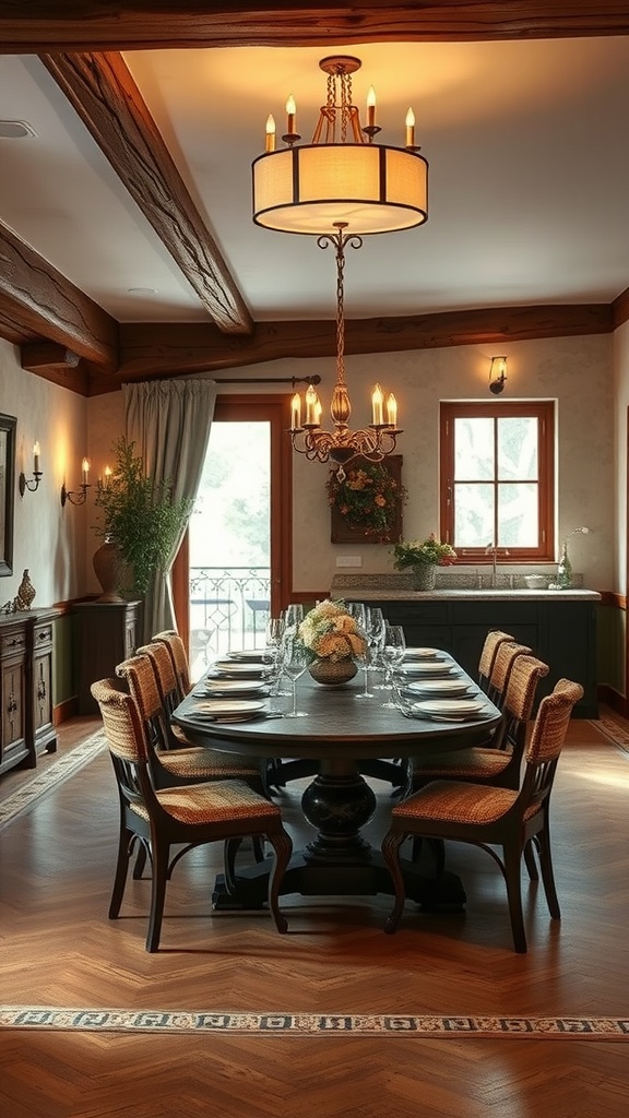 Rustic luxury dining room in the Apennines, featuring a round wooden table, woven chairs, and elegant lighting.