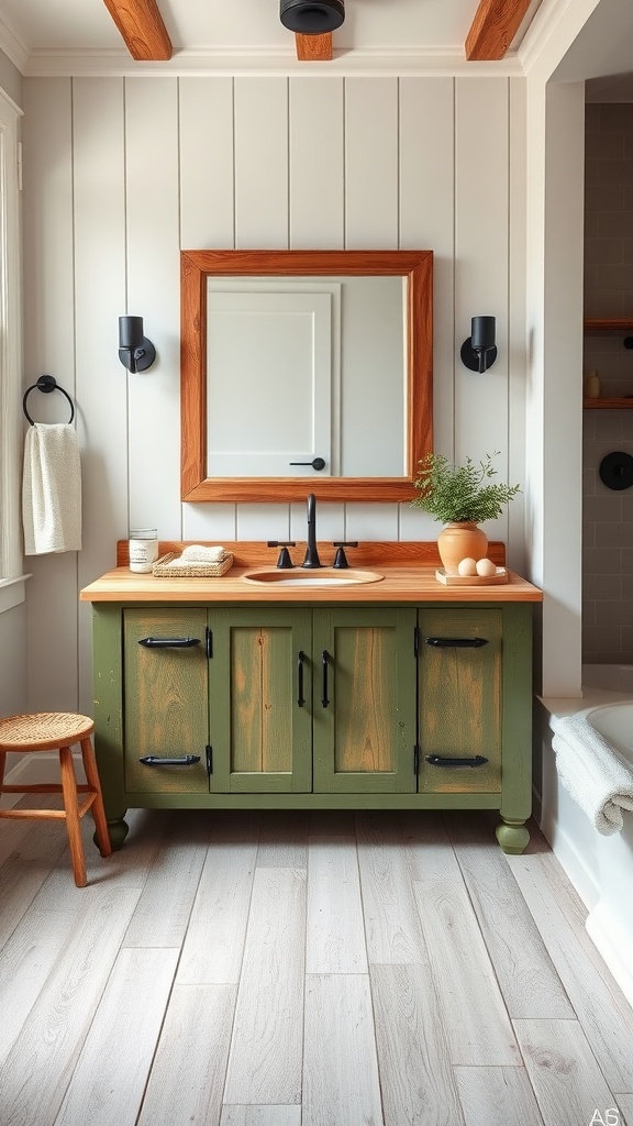 A rustic olive green bathroom vanity with a wooden countertop and black hardware.