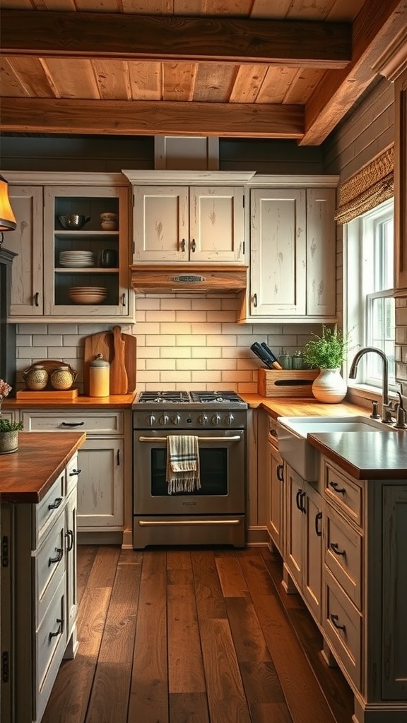 A cozy kitchen with rustic paint finish on cabinets, warm wood accents, and inviting decor.
