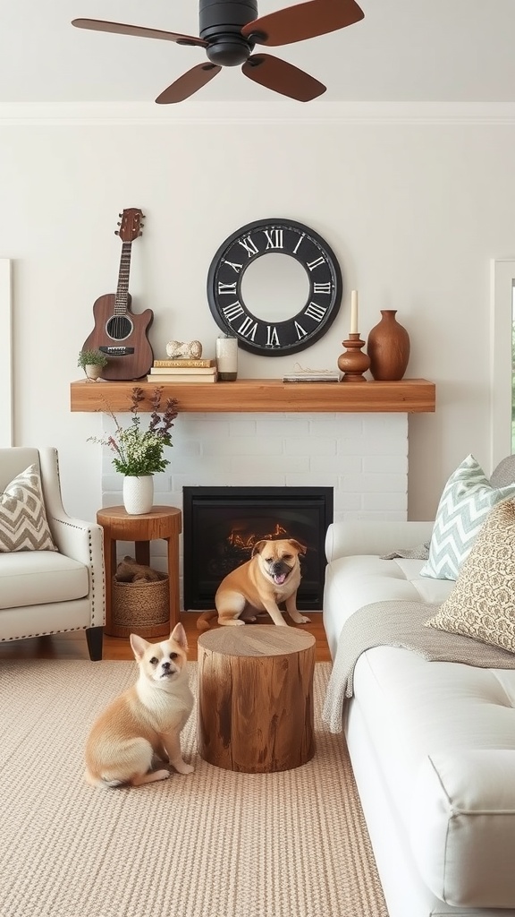 A cozy living room featuring two dogs on a rug, a wooden stool, and rustic decor.