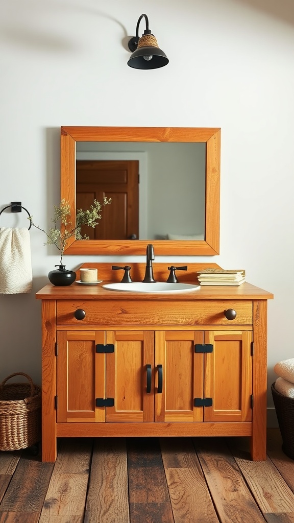 A rustic pine bathroom vanity with a mirror above, black fixtures, and natural decor.