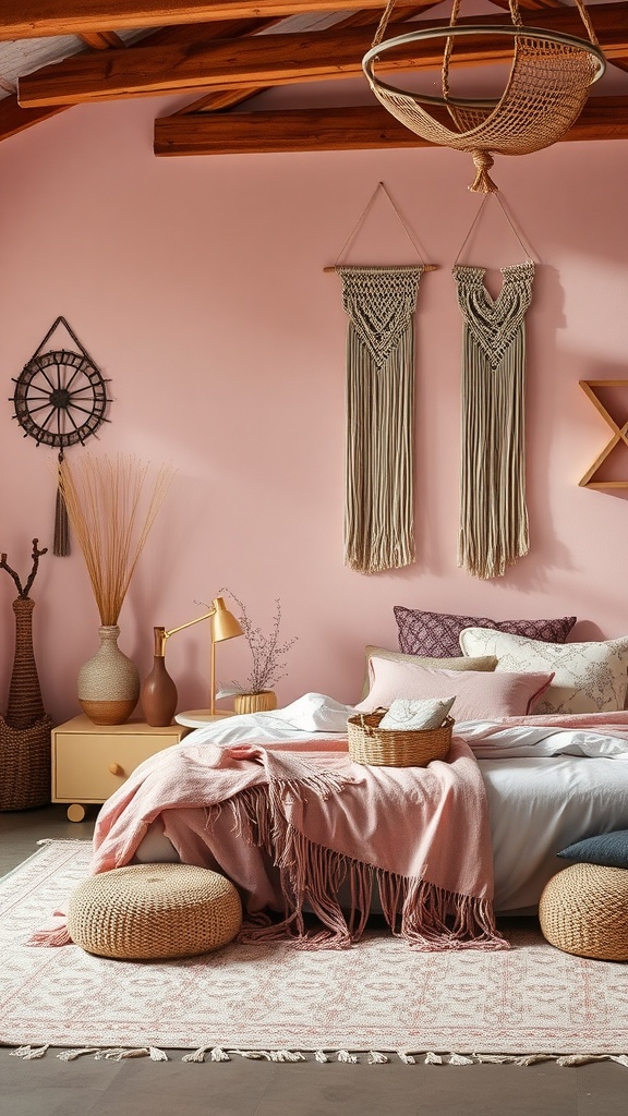A rustic pink bohemian style bedroom featuring soft pink bedding, wooden furniture, hanging plants, and a woven tapestry on the wall.