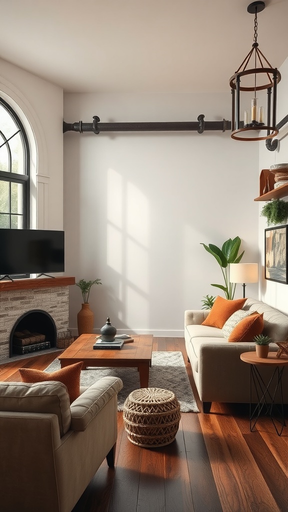 An industrial living room featuring rustic pipe accents, cozy furniture, and warm lighting.