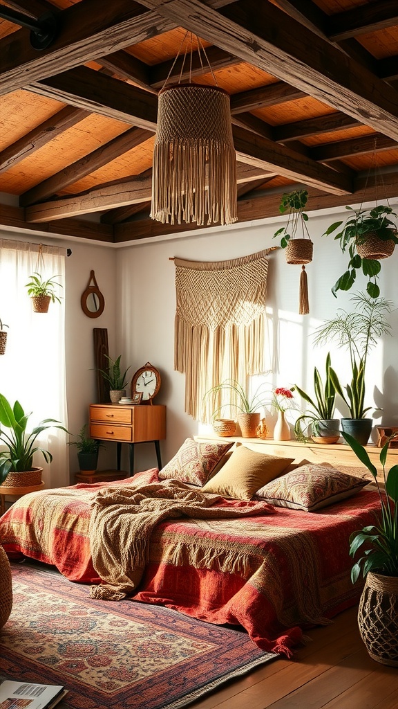 A rustic bedroom with wooden beams, a cozy bed with dark linens, stylish lamps, and a woven rug.