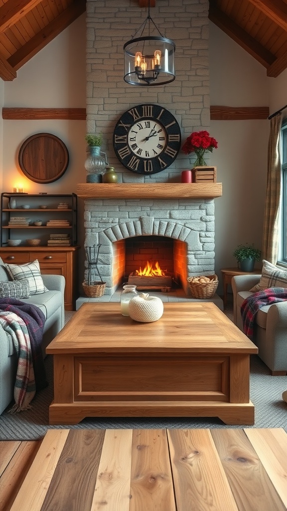 Cozy rustic farmhouse living room with a stone fireplace, wooden furniture, and soft textiles.