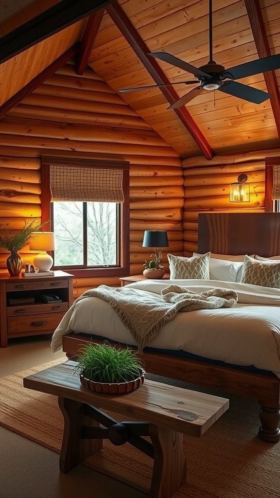 A rustic master bedroom featuring wooden walls, cozy textiles, a bed with soft bedding, and a stylish bench.