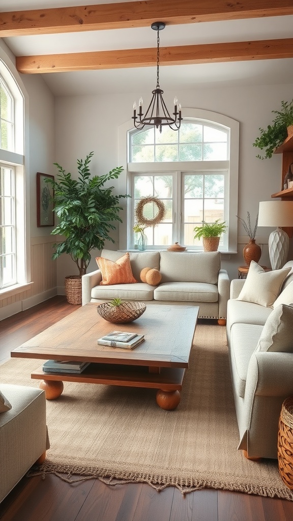 Cozy rustic farmhouse living room with wooden beams and soft furniture