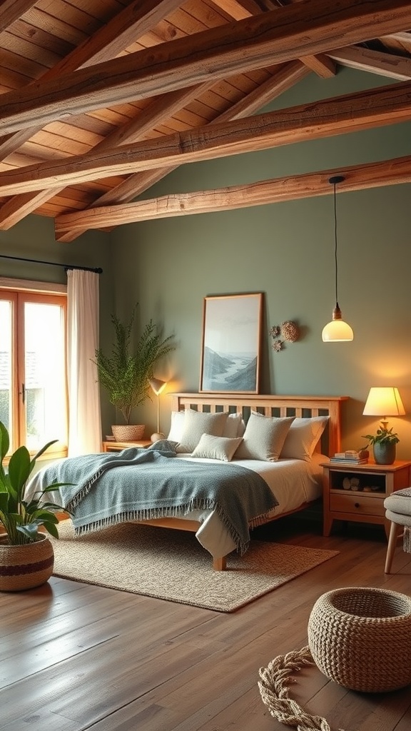 A rustic sage green bedroom featuring wooden beams, a cozy bed with neutral pillows and a textured blanket, and plants for decoration.