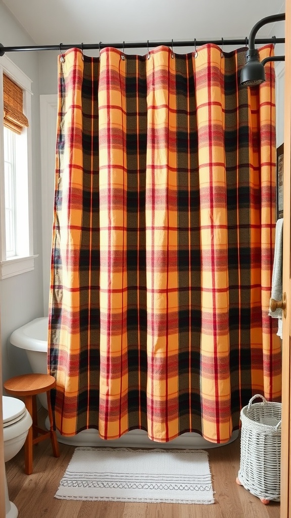 A cozy plaid shower curtain in a rustic bathroom setting.