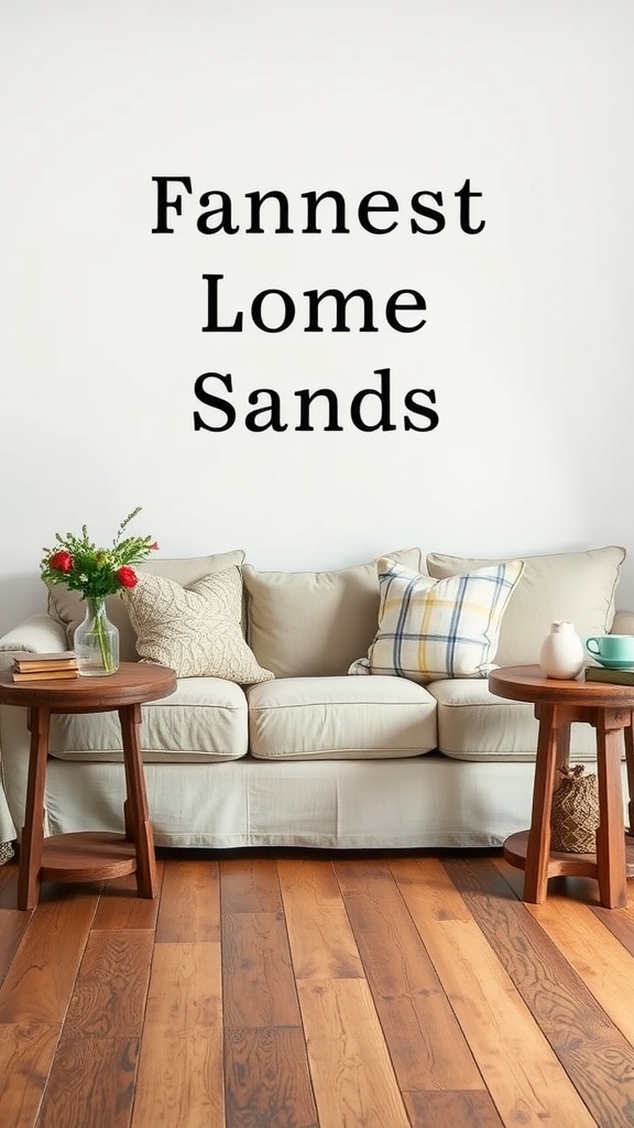 Cozy living room featuring rustic side tables with floral arrangement and a comfortable couch