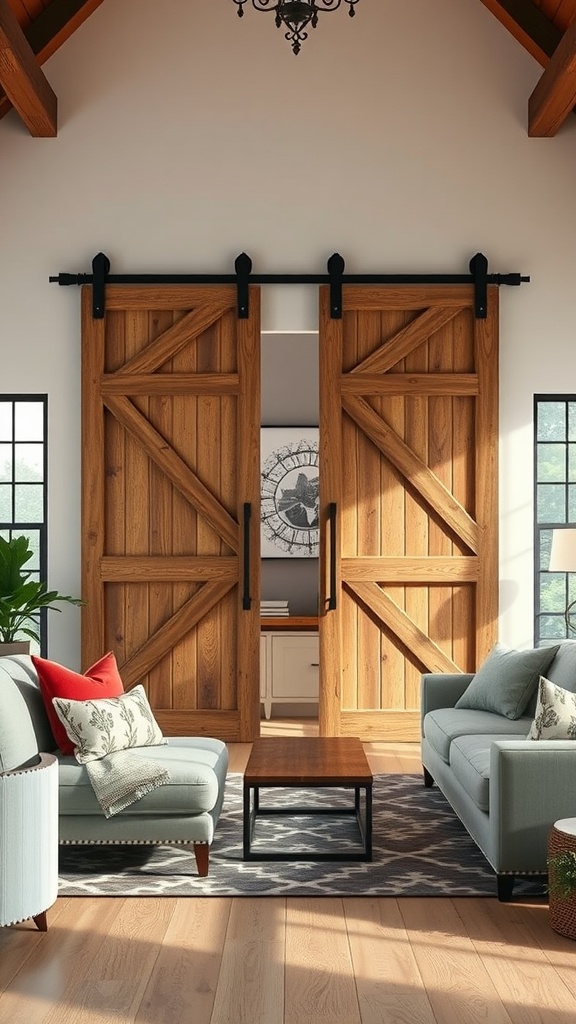 A cozy living room featuring rustic sliding barn doors, light blue sofas, and wooden decor elements.