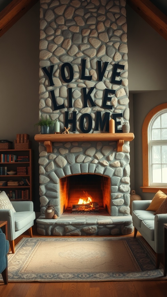 A rustic stone fireplace with the phrase 'YOU'VE LIKE HOME' above it, surrounded by cozy seating and a warm fire.