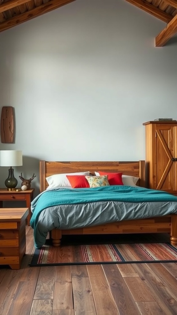 A rustic teal bedroom featuring wooden elements, warm tones, and colorful accents.