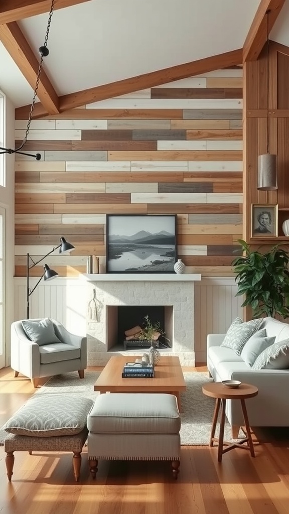 A cozy living room with rustic wall treatments featuring wood panels and a stone fireplace.
