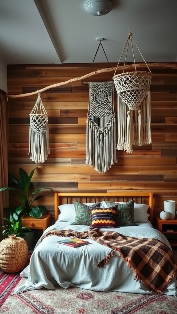 A cozy bedroom featuring a rustic wood accent wall, macramé planters, and soft textiles.
