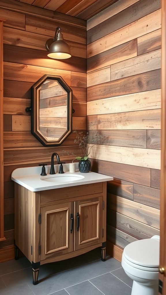 A rustic farmhouse bathroom featuring wood-paneled walls and a wooden vanity.
