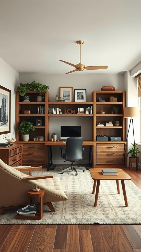 A rustic home office featuring wooden shelves, a wooden desk, and cozy seating.