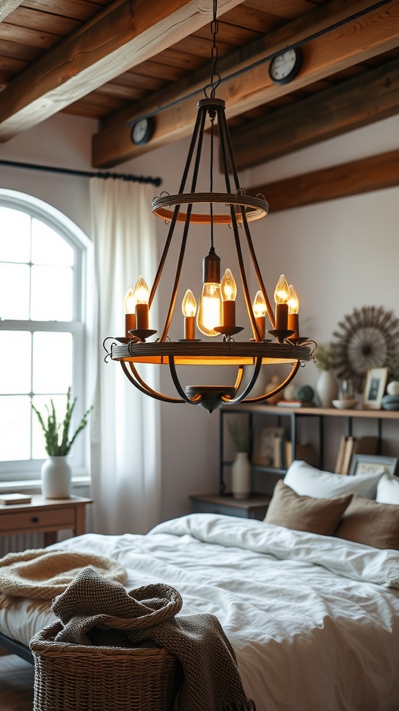 A rustic wood and metal chandelier hanging over a cozy bed in a rustic bedroom setting