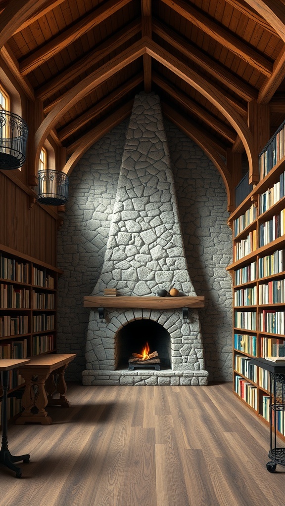 Rustic wood and stone cabin library with a fireplace and bookshelves