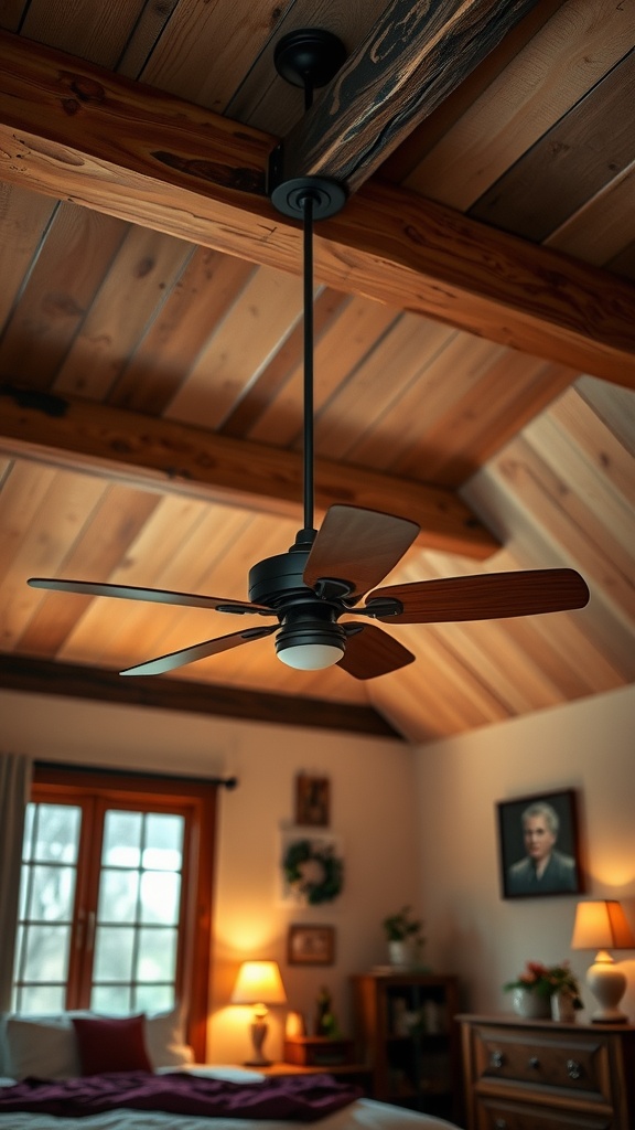 A rustic wood ceiling fan hanging from a wooden ceiling in a cozy bedroom