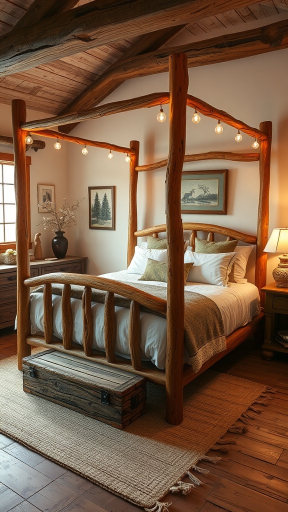 A cozy rustic wood four-poster bed in a warmly lit bedroom with natural decor.