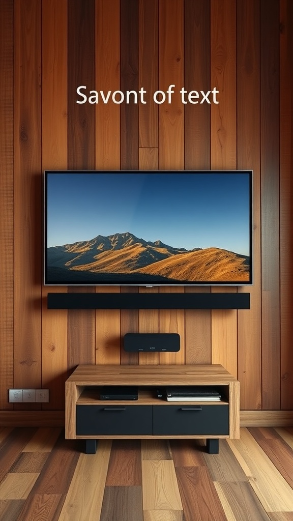 Living room featuring rustic wood paneling with a mounted TV and wooden furniture.