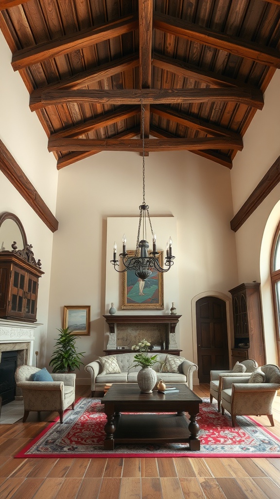 A cozy living room featuring rustic wooden beams across the ceiling, elegant chandelier, and stylish furniture.